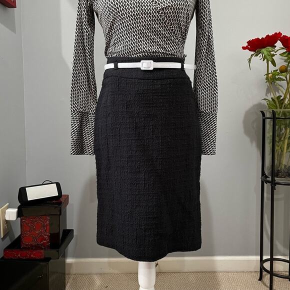NEW WHBM Boucle Classic Tailored Belted High Waisted Career Knee Skirt Black 4 - Picture 1 of 14